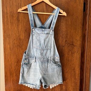 Old Navy Light Blue Denim Overalls Shorts with Lace Detail